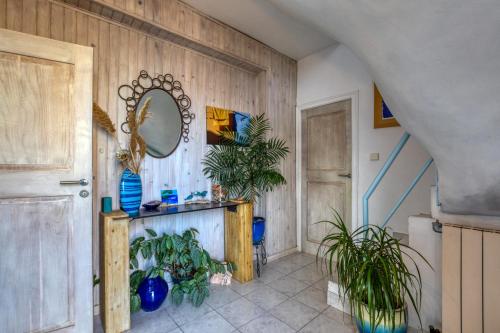 un couloir avec des plantes et un miroir au mur dans l'établissement Chambre d'hôtes - Le quartier haut, à Sète