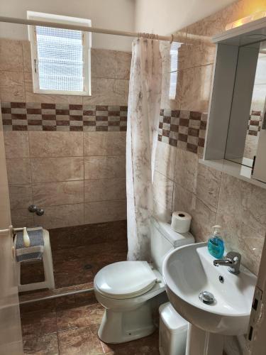a bathroom with a white toilet and a sink at Magdalini in Votsi