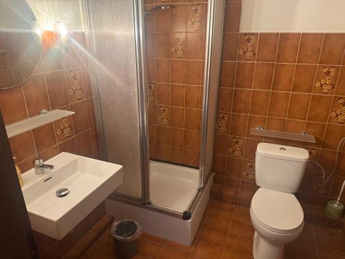 une salle de bain avec toilettes, douche et lavabo dans l'établissement Piets Gästezimmer, à Sandstedt