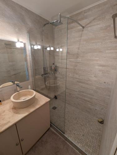 ein Badezimmer mit Dusche, Waschbecken und Toilette in der Unterkunft centre Auron calme et montagne in Saint-Étienne-de-Tinée