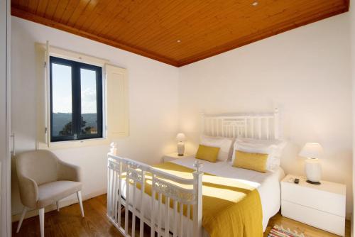 ein Schlafzimmer mit einem Bett, einem Stuhl und einem Fenster in der Unterkunft Quintinha De Pinouco in Miomães