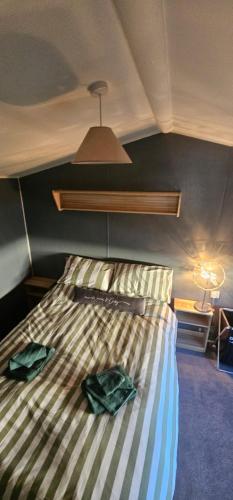 a bedroom with a bed with two green bags on it at Terri Towers in Stevenston