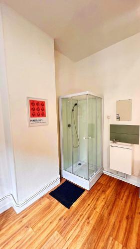 a bathroom with a glass shower and a sink at Maison partagée 4 chambres Saint Roch Roubaix in Roubaix