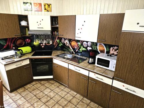 莱茵河畔威尔Haus Adelheid的配有木质橱柜和微波炉的厨房