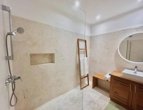 a bathroom with a shower and a sink and a mirror at Villa Hazel in Las Terrenas