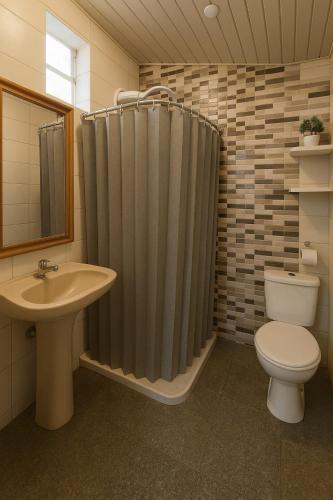 a bathroom with a shower and a toilet and a sink at Residencial Morada Coqueiros in Florianópolis