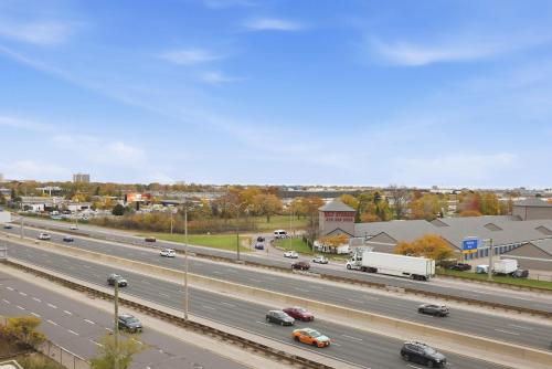 an overhead view of a highway with cars on it at Stylish 2BR Retreat Parking & Sleeps 6 in Toronto