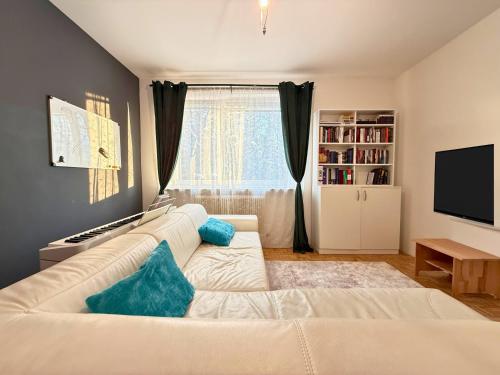 SchalchhamApartment - Nähe Bahnhof - Arbeitsplatz - Badewanne - Piano的客厅里有一张白色沙发和一台电视