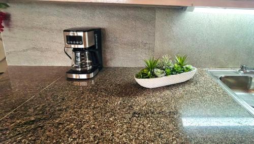 un bancone della cucina con una macchina per il caffè e una ciotola di piante di Villa Paraiso de Montana en Altos del Maria a Sorá