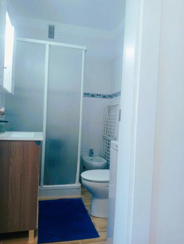 a bathroom with a toilet and a glass shower at Columbus Playa in Punta del Hidalgo
