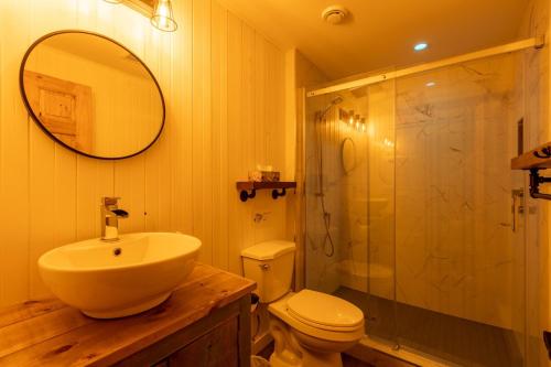 Sainte-Lucie-de-DoncasterL'Harmonie #203 - Cozy loft with boats的带水槽、马桶和淋浴的浴室