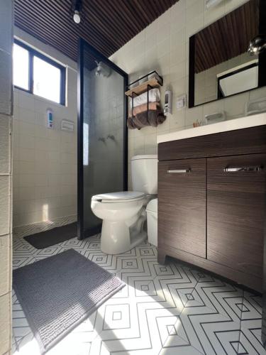 une salle de bain avec toilettes, douche et lavabo dans l'établissement Departamento Olas, à Tuxtla Gutiérrez