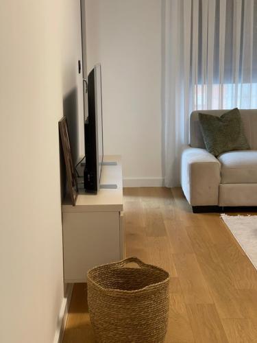 Una sala de estar con un sofá y un televisor. en Breeze Stay Apartman, en Bijelo Polje