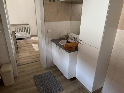 a white kitchen with a sink and a refrigerator at De Kruishoeve in De Haan