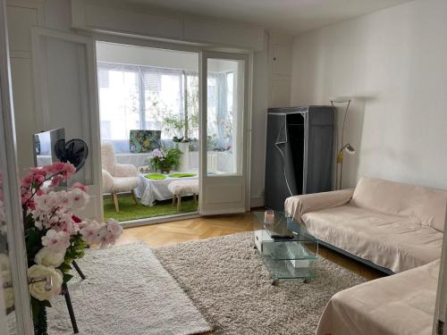 弗里堡Salon lumineux avec TV et Canapé的客厅里有一张沙发和一张桌子。