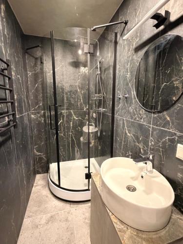 Un baño con lavabo y ducha en Crown Apartment Park View, en Ukmergė