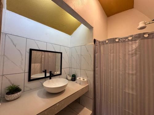 a bathroom with a sink and a shower at Eco Hotel Villas del Tortuguero in Cariari