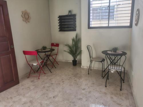 a room with two tables and chairs and a plant at Double room with private bathroom in Santo Domingo