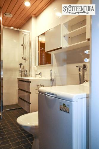 a bathroom with a toilet and a sink and a refrigerator at Syötteentupa in Syöte