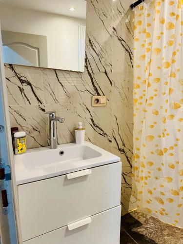 a bathroom with a white sink and a shower curtain at Duplex climatisé Montmorency à 30min de Paris in Montmorency