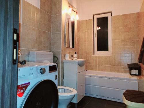 ein Badezimmer mit einer Waschmaschine, einem WC und einem Waschbecken in der Unterkunft Double rooms apartament in Sînpetru