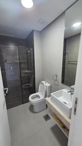 a bathroom with a toilet and a shower and a sink at #1 Dpto 1 Hab, Shops Cerca, Pileta, Parrilla, Coch in Luque