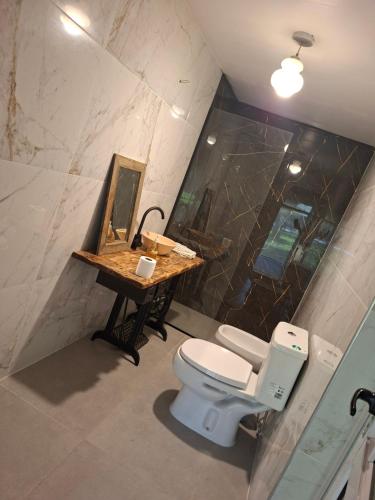 un bagno con un water, un lavandino e uno specchio di Los horneros a General Rodríguez