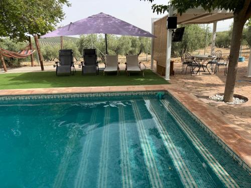 ein Schwimmbecken mit Stühlen und einem Sonnenschirm in der Unterkunft Casa Rural Los Peralejos Piscina Privada en Cazorla in Cazorla