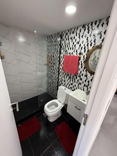 a bathroom with a white toilet and a sink at Edificio EIFER V a 200 metros de la Av San Bernardo y a 200 metros del Mar con Aire Acondicionado Cochera Cubierta Balcón a la calle Parrilla y Lavadero in San Bernardo