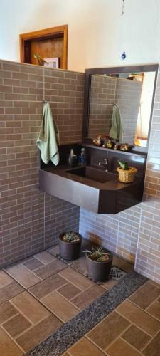 a bathroom with a sink and a mirror at Recanto do Nenei in Paraisópolis