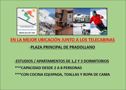 Un cartel de un hombre montando una tabla de snowboard en SKI & SNOW APARTMENTS - PLAZA DE PRADOLLANO - Junto a los Telecabinas by TODOSIERRANEVADA, en Sierra Nevada