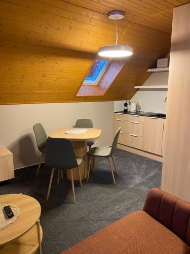 a room with a table and chairs and a kitchen at Apartmány U Dvořáků in Janske Lazne