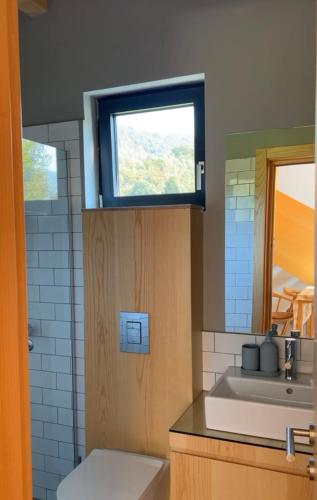 ein Badezimmer mit Waschbecken und Spiegel in der Unterkunft Nova Drina in Ljubovija