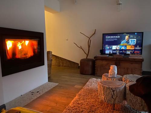 a living room with a fireplace and a tv at Pedra Nova in Castelo Novo