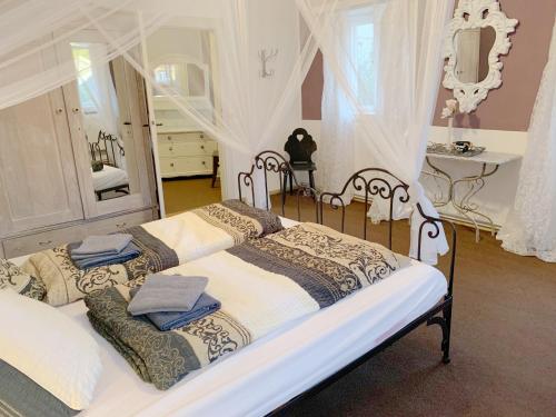 Ferienwohnung und Pension Goldberg في غروسشوناو: غرفة نوم بها سريرين ومرآة