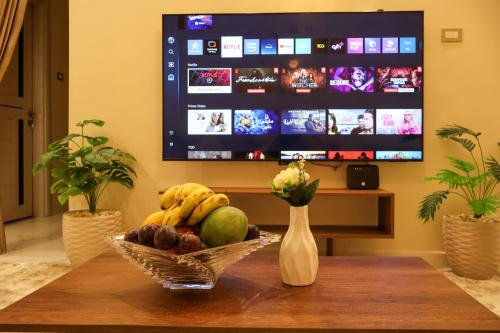 Μια τηλεόραση ή/και κέντρο ψυχαγωγίας στο Cozy Luxe Apartment in Central Aswan