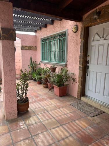 a patio with potted plants next to a white door at Casa acogedora cerca de la playa in Ensenada