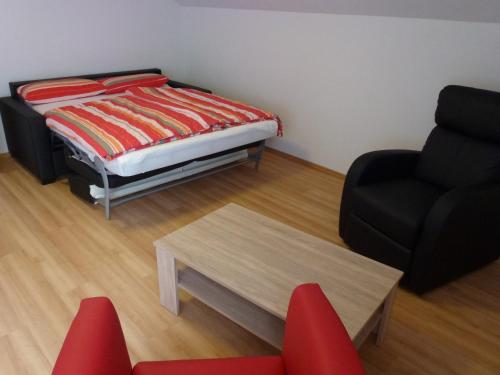 1 dormitorio con 1 cama, 1 silla y 1 mesa en Ferienpark Oberallgäu Ferienwohnung en Missen-Wilhams