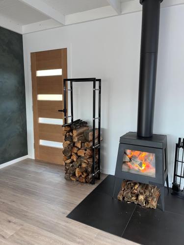 金斯顿Little Red Gate Urban Retreat的一间有一堆木头的房间的壁炉