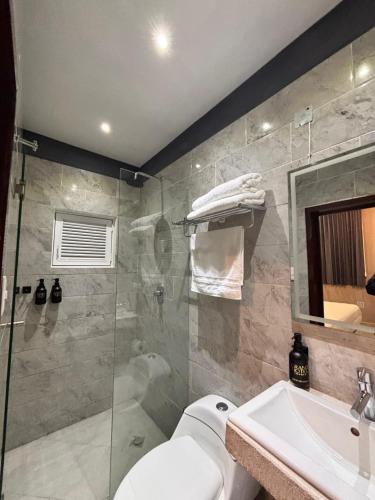 a bathroom with a shower and a toilet and a sink at Grand Hotel Iguala in Iguala de la Independencia