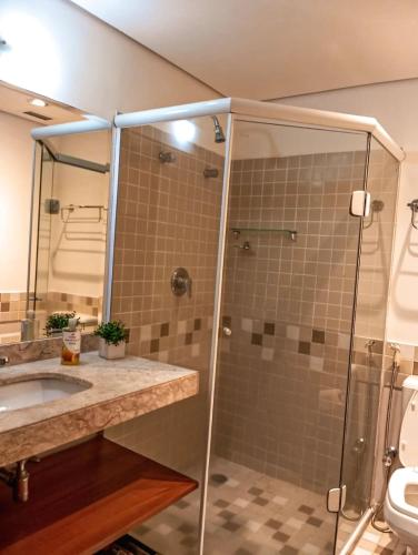 a bathroom with a shower with a sink and a toilet at Flat completo no hotel Comfort de Alphaville in Barueri