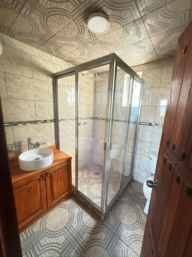 a bathroom with a shower and a sink at Cabaña Milagros in Huasca de Ocampo
