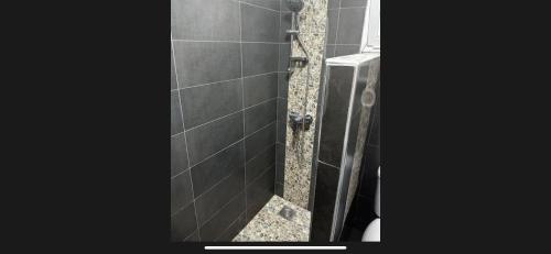 a bathroom with a shower with black tiles at L Escale de l Atlantique Dar Salma fibre optique piscines,clim&parking in Tangier