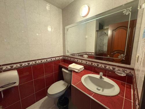 a bathroom with a toilet and a sink and a mirror at Lavid Hotel Palacio Real in Bogotá
