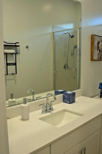 a bathroom with a sink and a large mirror at BnB Vacation Home in Queen Creek