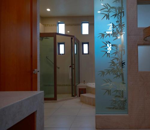 a bathroom with a shower and a glass door at Hotel & Spa Quinta Sauz in Tacámbaro de Codallos