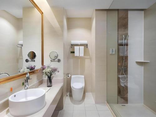 a bathroom with a sink and a toilet and a shower at Vienna Hotel Nanjing Zhongshan Mausoleum in Qilinmen