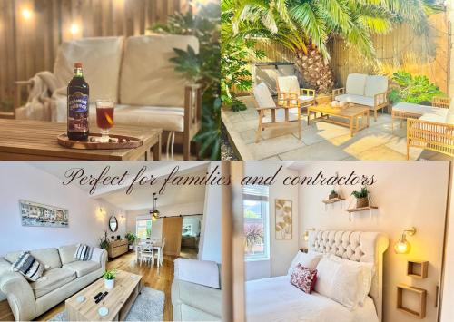 two pictures of a living room with a couch and a living room at The Palms at No10 - Spacious and Family Friendly in Rodwell