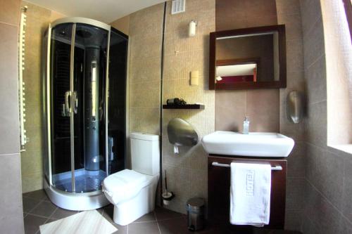 a bathroom with a shower and a toilet and a sink at Hotel Mieszko in Rzeszów