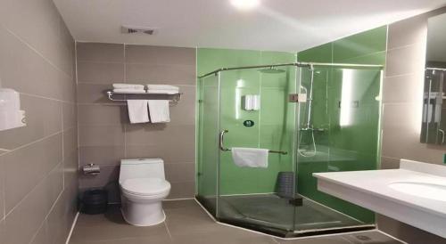 a bathroom with a shower and a toilet and a sink at GreenTree Inn Xi'an Terracotta Warriors Huaqing Pool Metro Station in Xi'an